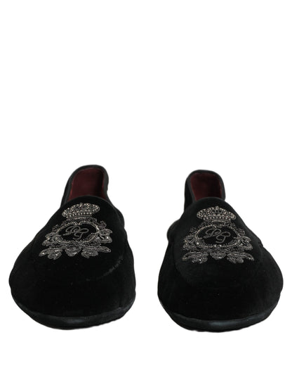 Dolce & Gabbana Black Velvet Crown Embroidery Loafers