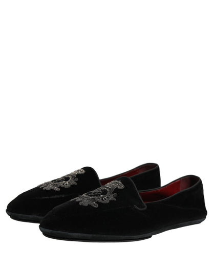 Dolce & Gabbana Black Velvet Crown Embroidery Loafers