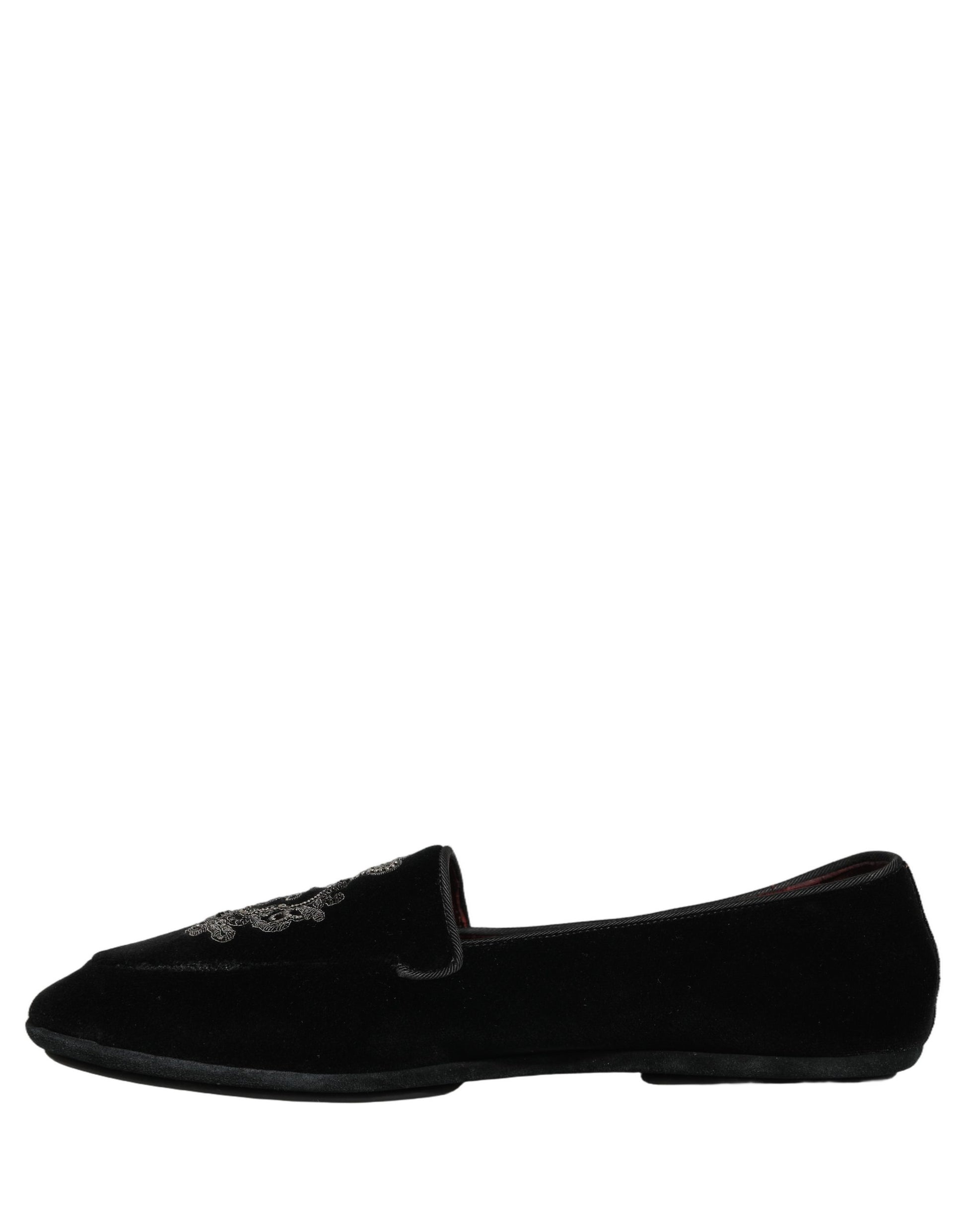 Dolce & Gabbana Black Velvet Crown Embroidery Loafers