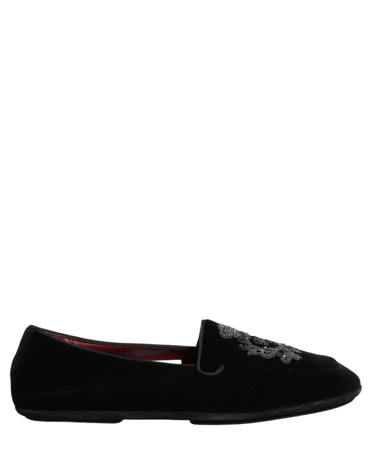 Dolce & Gabbana Black Velvet Crown Embroidery Loafers