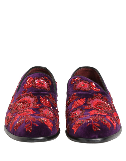 Dolce & Gabbana Violet Red Bead Embellished Loafers Shoes