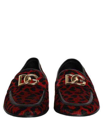Dolce & Gabbana Red Leopard Print Pony Hair Dress Loafers