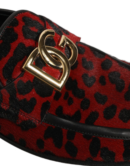 Dolce & Gabbana Red Leopard Print Pony Hair Dress Loafers