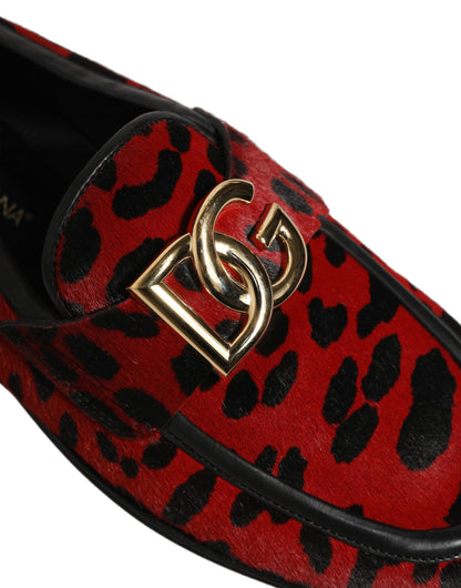 Dolce & Gabbana Red Leopard Print Pony Hair Loafers