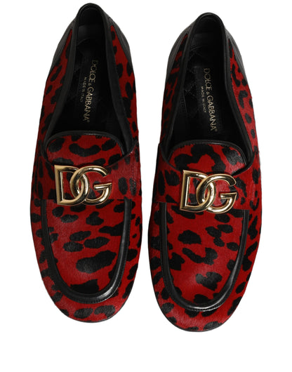 Dolce & Gabbana Red Leopard Print Pony Hair Loafers