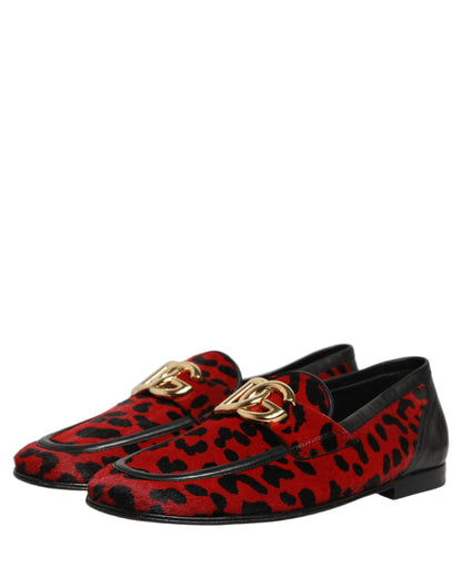 Dolce & Gabbana Red Leopard Print Pony Hair Loafers