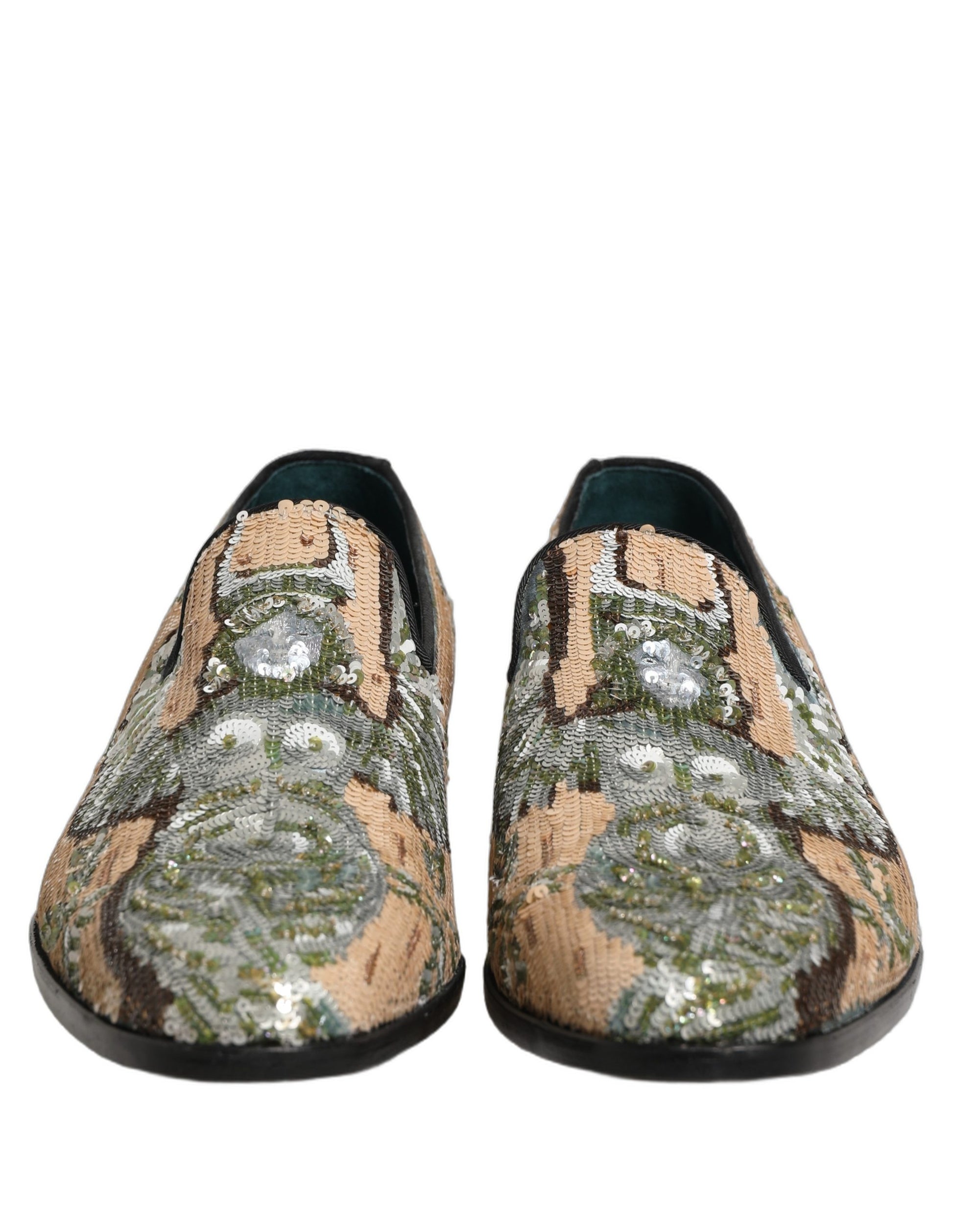 Dolce & Gabbana Beige Sequin Embroidery Dress Loafers