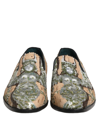 Dolce & Gabbana Beige Sequin Embroidery Dress Loafers