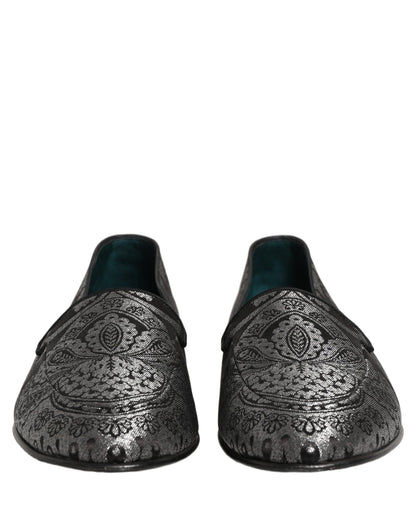 Dolce & Gabbana Silver Jacquard Leather Slip-On Loafers