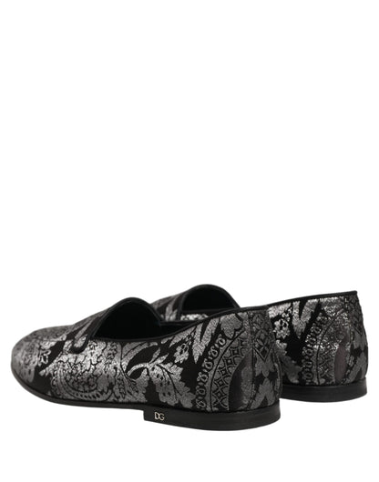 Dolce & Gabbana Silver Jacquard Leather Slip-On Loafers