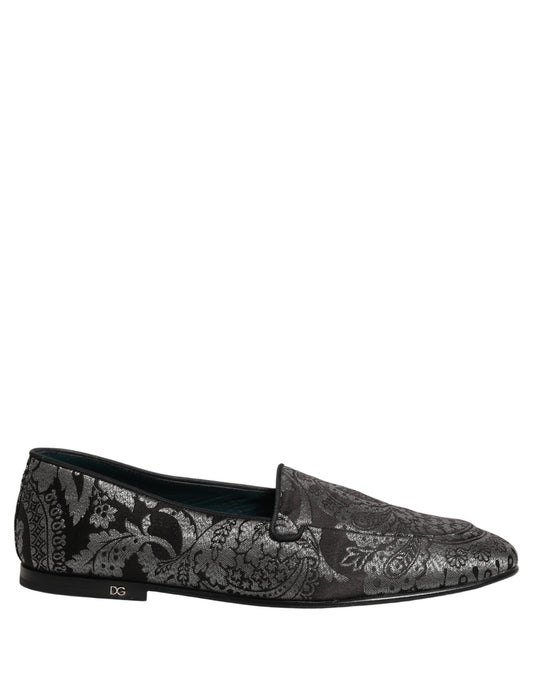 Dolce & Gabbana Silver Jacquard Leather Slip-On Loafers