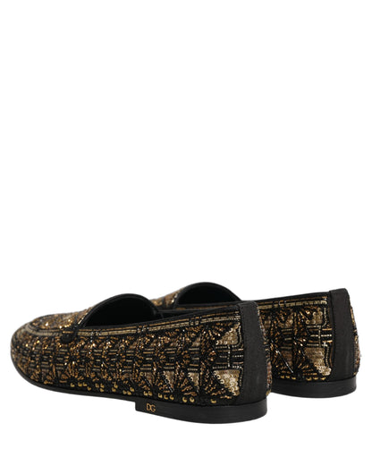 Dolce & Gabbana Black Gold Embellished Slip-On Loafers