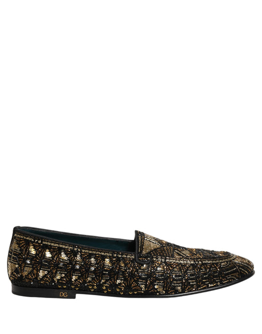 Dolce & Gabbana Black Gold Embellished Slip-On Loafers