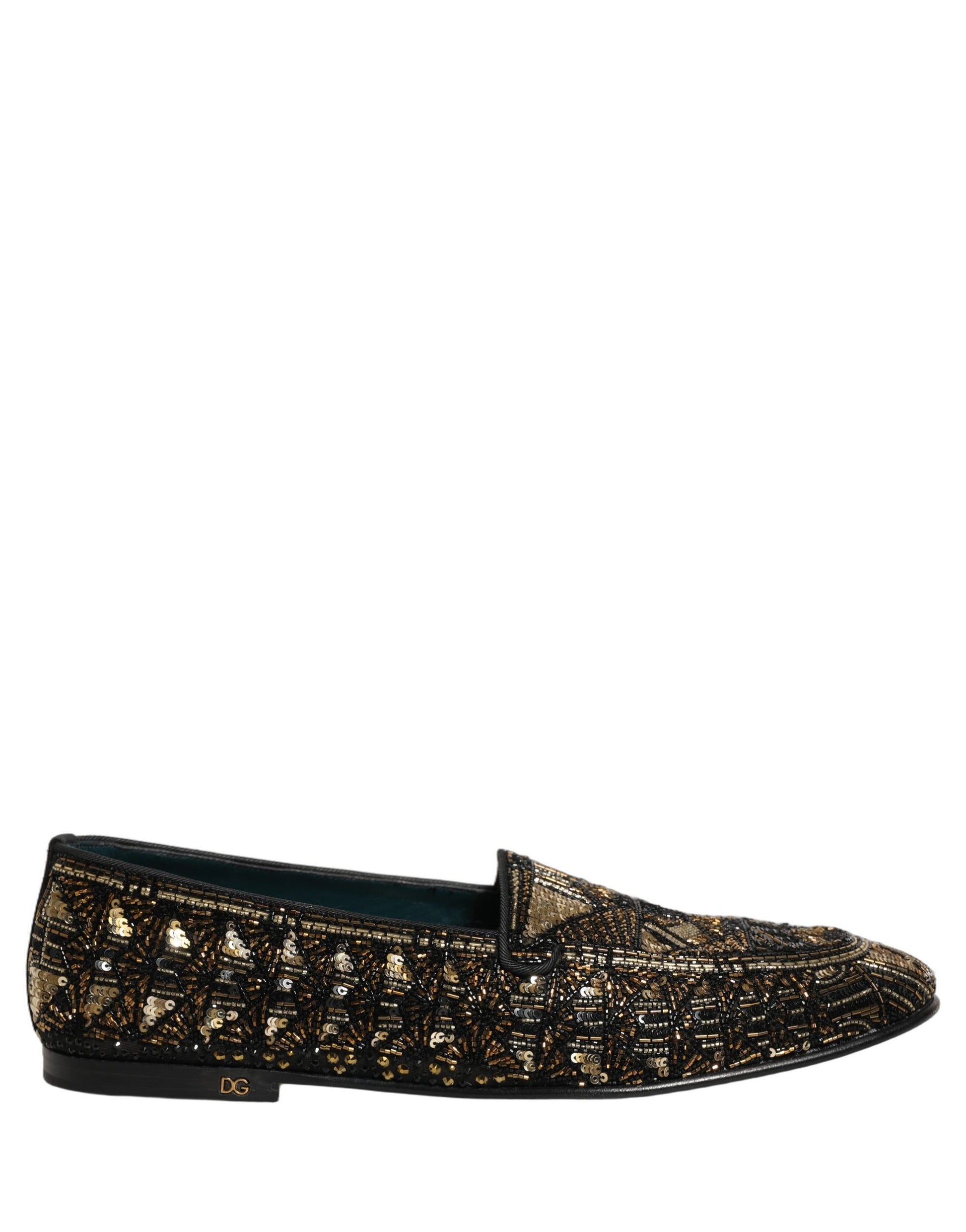 Dolce & Gabbana Black Gold Embellished Slip-On Loafers