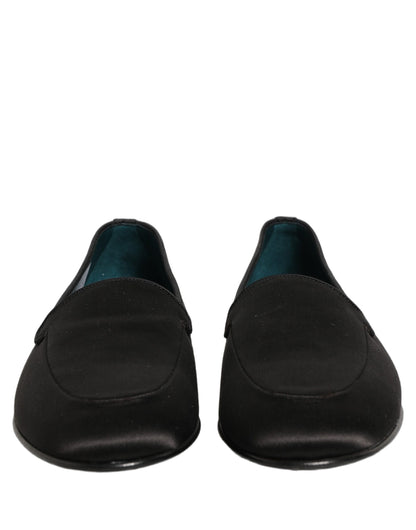 Dolce & Gabbana Black Satin Logo Slip On Flats Loafers