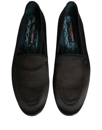 Dolce & Gabbana Black Satin Logo Slip On Flats Loafers