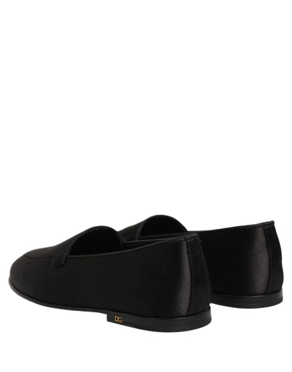Dolce & Gabbana Black Satin Logo Slip On Flats Loafers