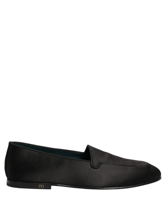 Dolce & Gabbana Black Satin Logo Slip On Flats Loafers