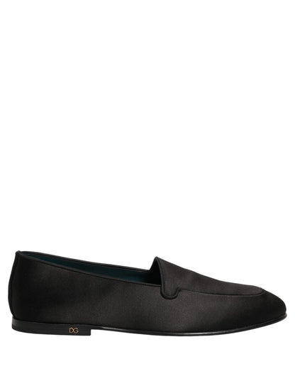 Dolce & Gabbana Black Satin Logo Slip On Flats Loafers