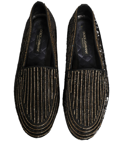 Dolce & Gabbana Black Gold Sequined Men Dress Loafers
