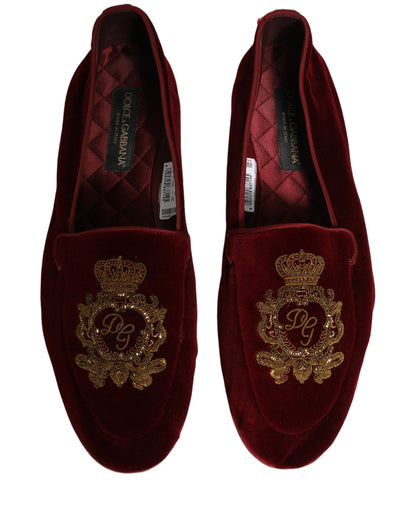 Dolce & Gabbana Maroon Velvet Crown Embroidery Loafers