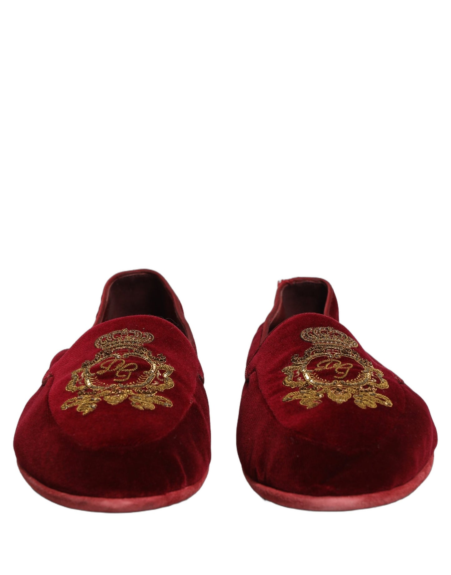 Dolce & Gabbana Maroon Velvet Crown Embroidery Loafers
