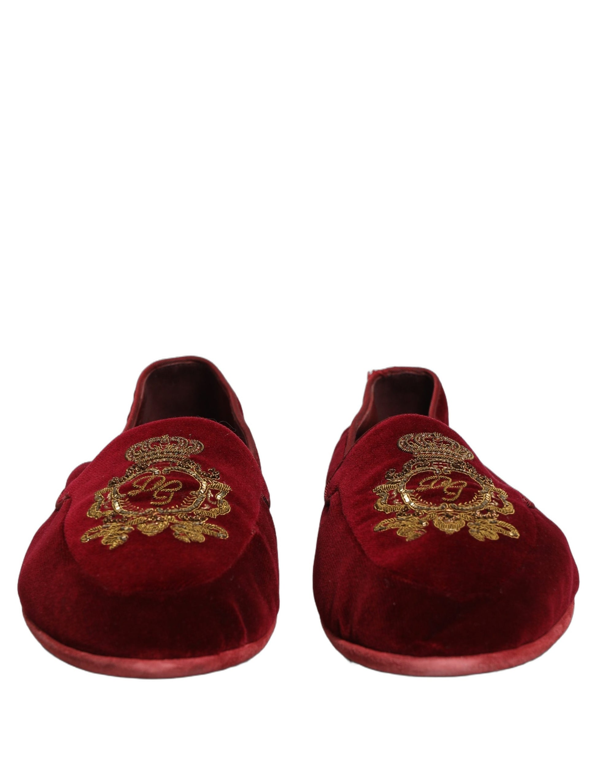Dolce & Gabbana Maroon Velvet Crown Embroidery Loafers