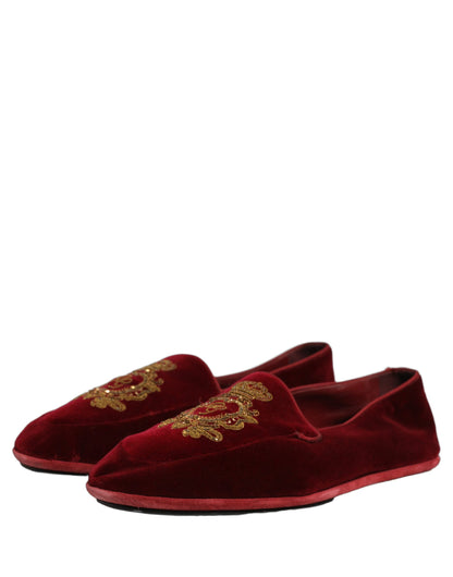 Dolce & Gabbana Maroon Velvet Crown Embroidery Loafers