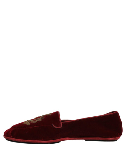 Dolce & Gabbana Maroon Velvet Crown Embroidery Loafers