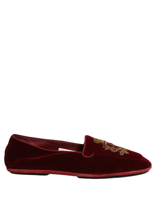 Dolce & Gabbana Maroon Velvet Crown Embroidery Loafers