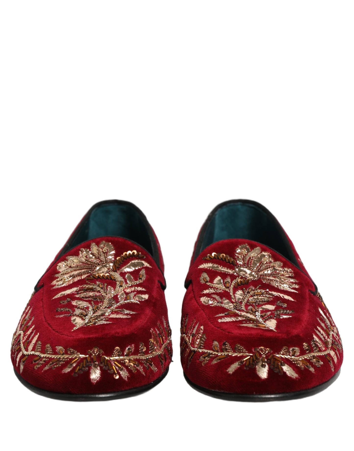 Dolce & Gabbana Red Velvet Floral Embroidery Loafers