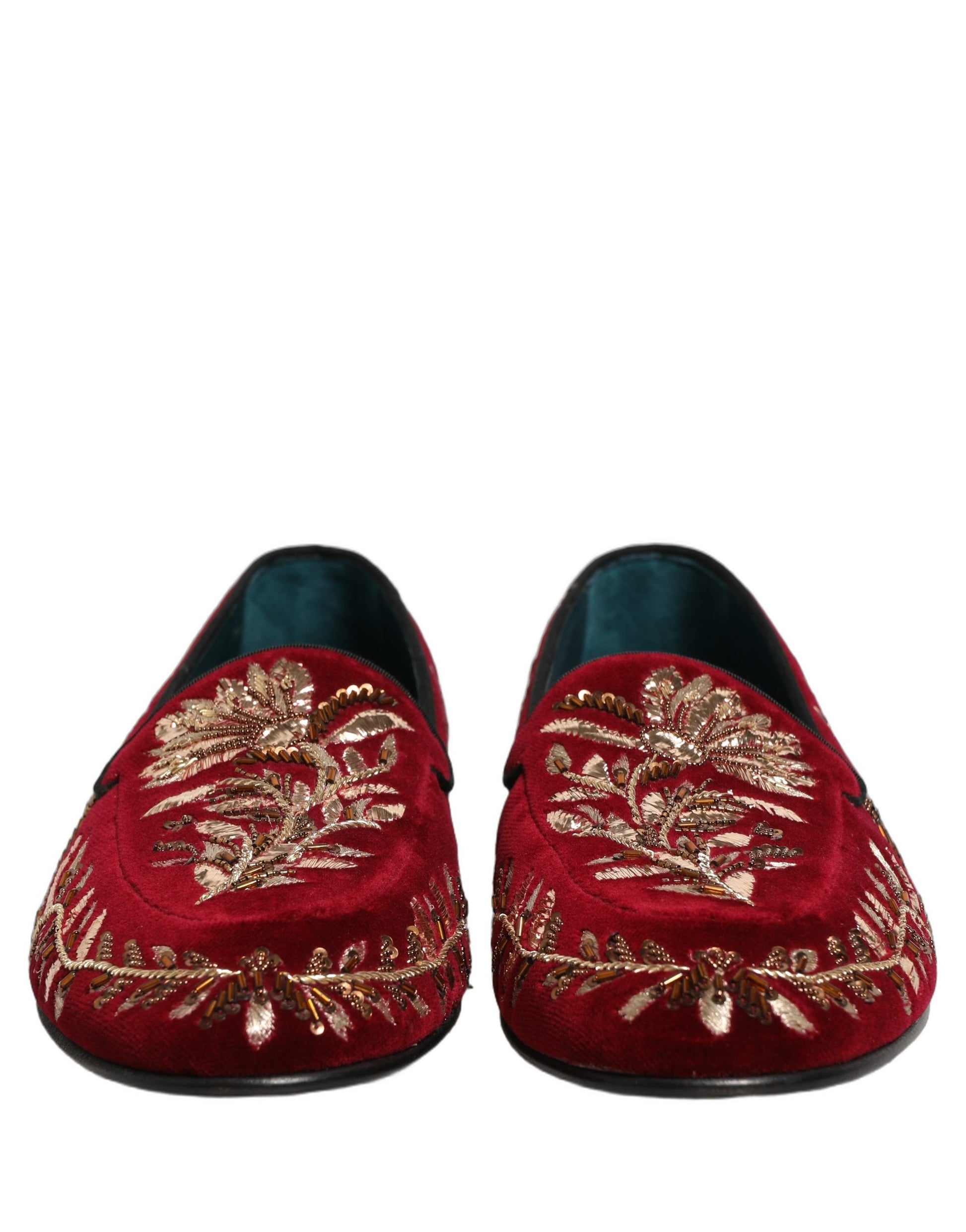Dolce & Gabbana Red Velvet Floral Embroidery Loafers