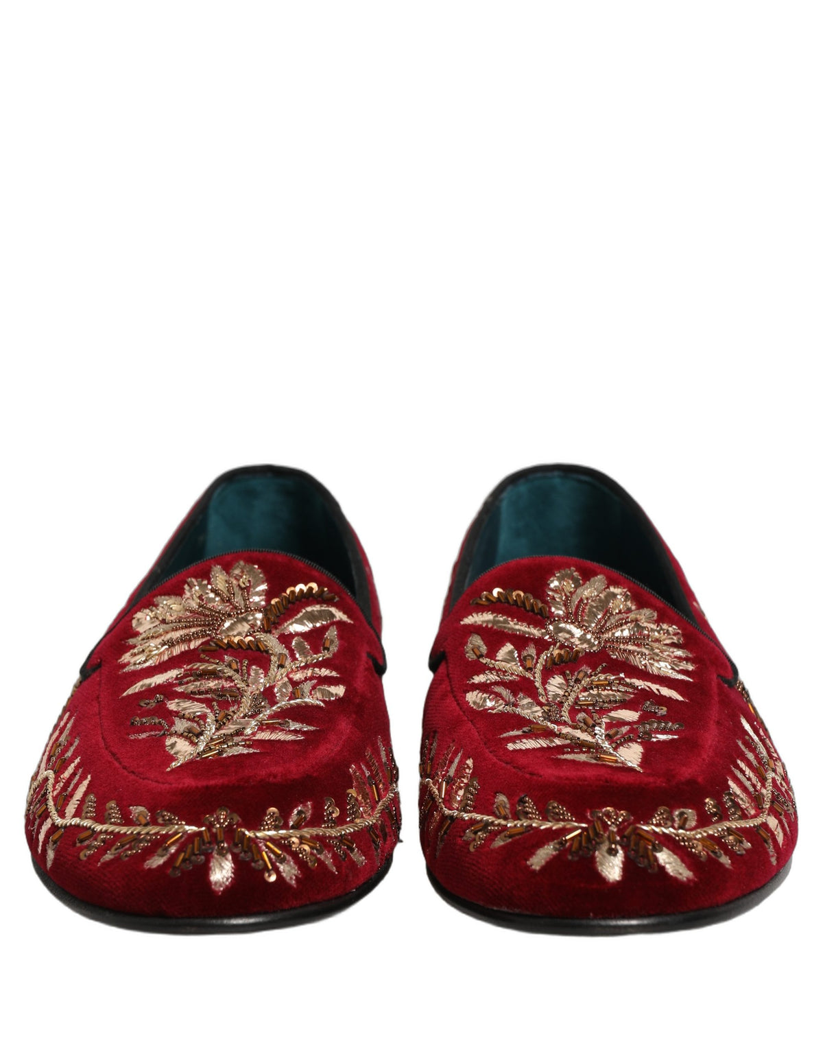 Dolce & Gabbana Red Velvet Floral Embroidery Loafers