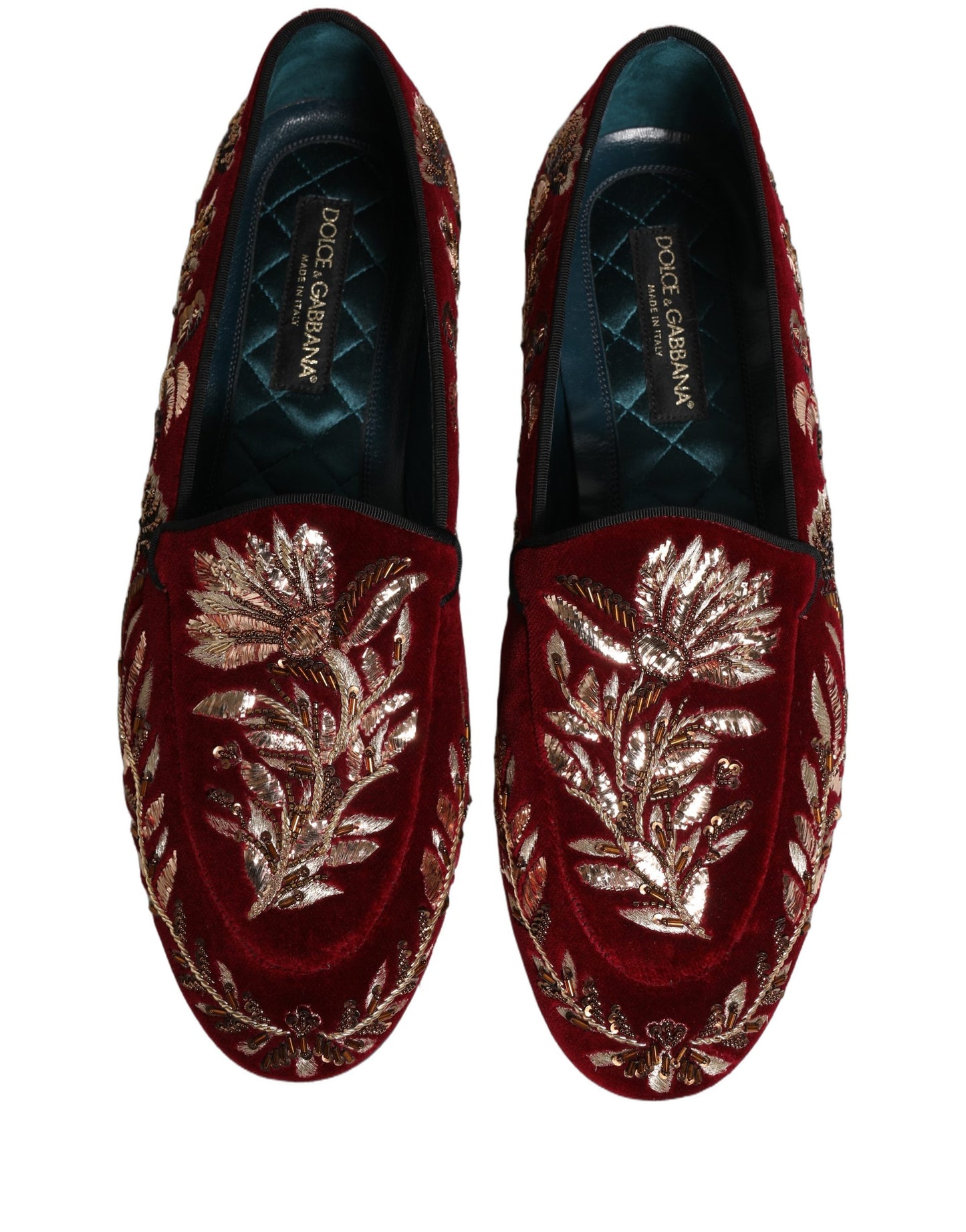 Dolce & Gabbana Red Velvet Floral Embroidery Loafers