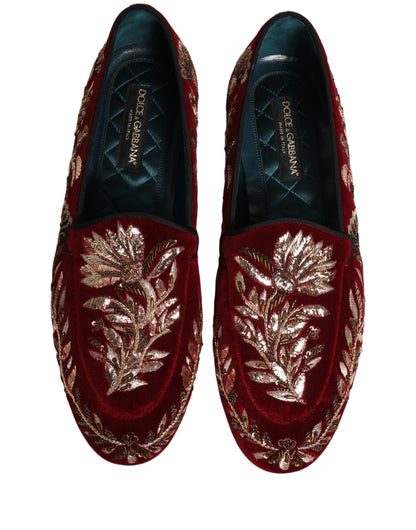 Dolce & Gabbana Red Velvet Floral Embroidery Loafers