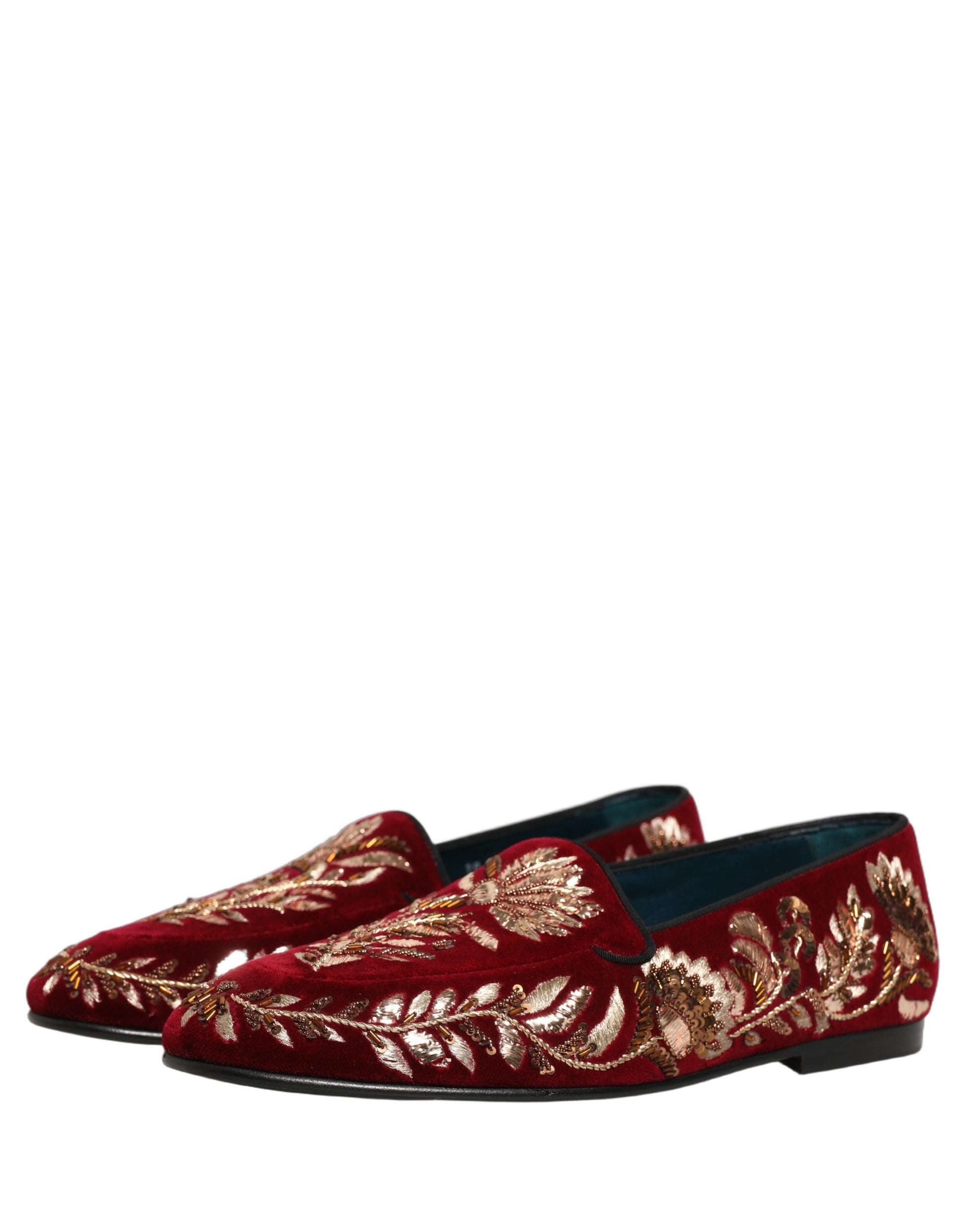 Dolce & Gabbana Red Velvet Floral Embroidery Loafers