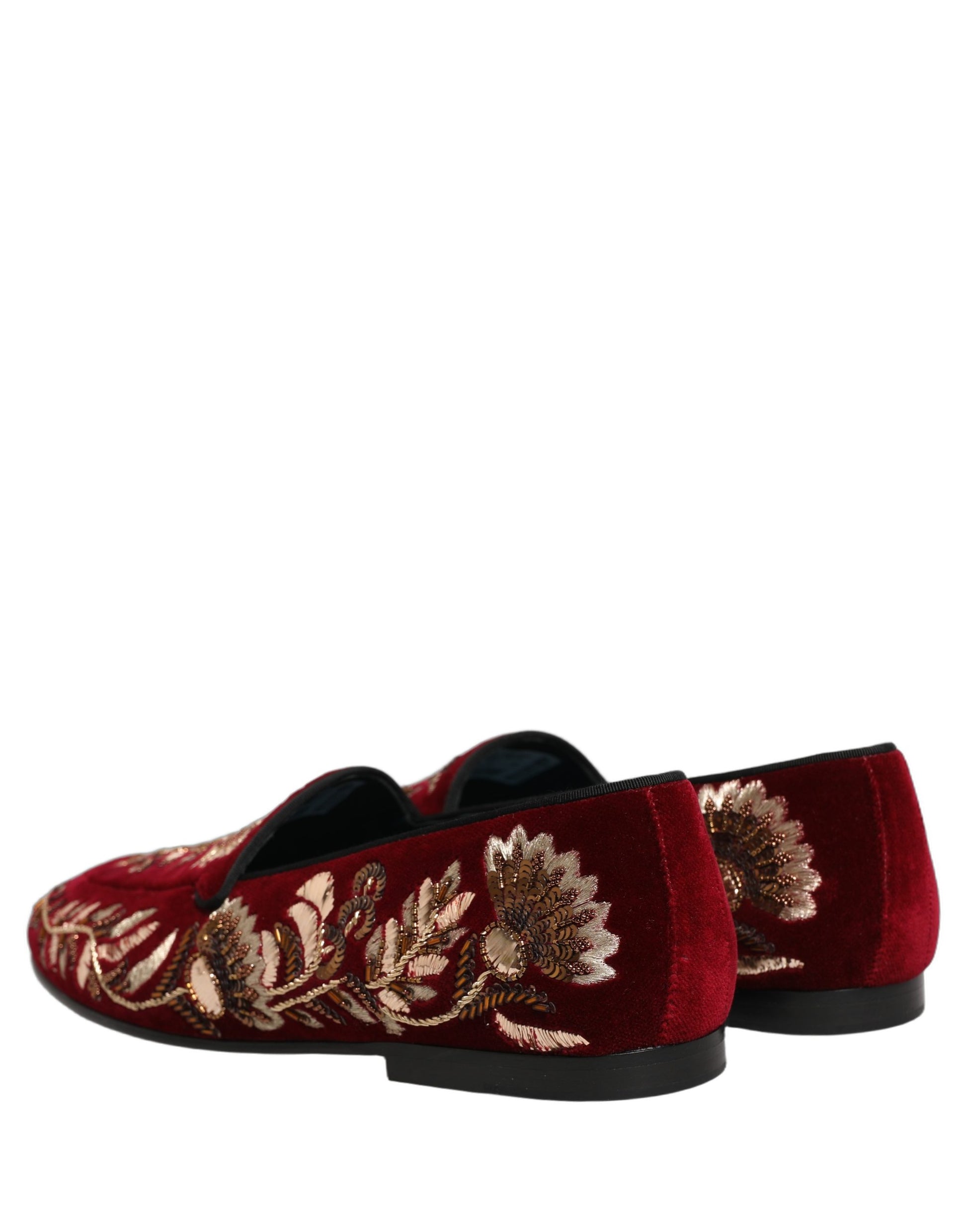 Dolce & Gabbana Red Velvet Floral Embroidery Loafers