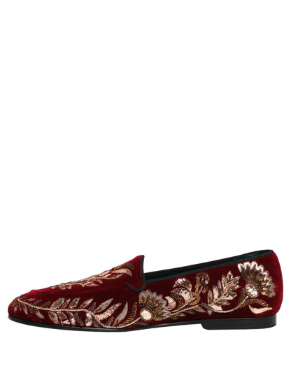 Dolce & Gabbana Red Velvet Floral Embroidery Loafers