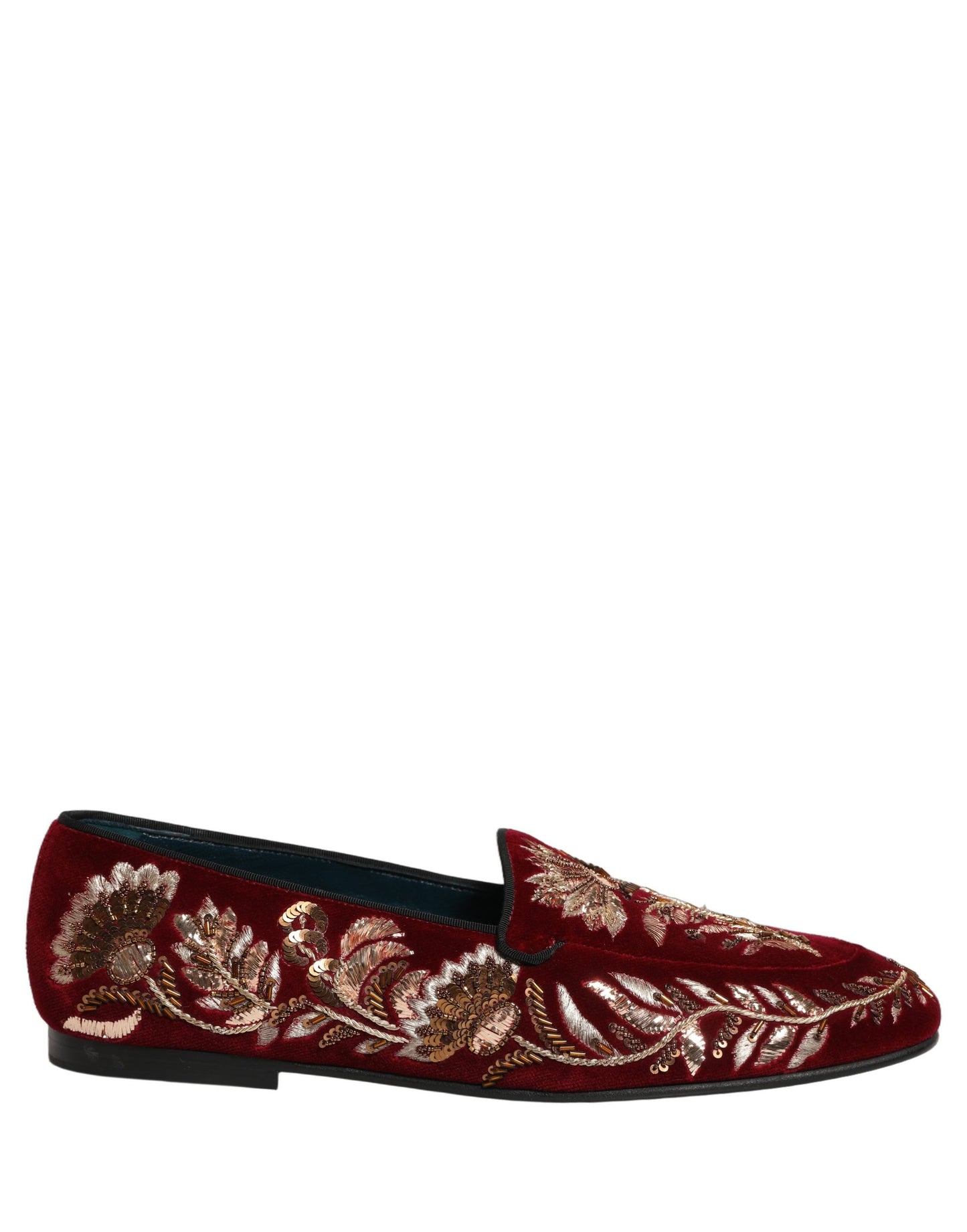 Dolce & Gabbana Red Velvet Floral Embroidery Loafers