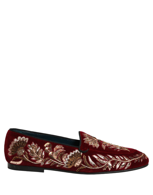 Dolce & Gabbana Red Velvet Floral Embroidery Loafers