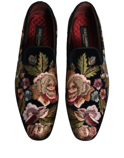 Dolce & Gabbana Black Velvet Floral Embroidery Loafers