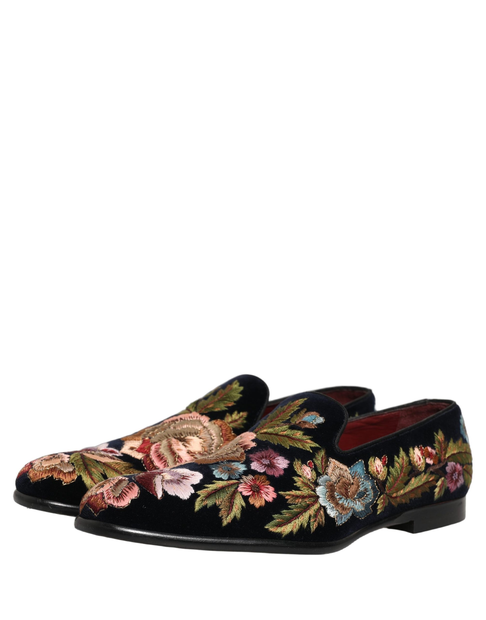 Dolce & Gabbana Black Velvet Floral Embroidery Loafers