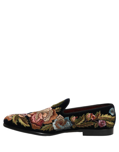 Dolce & Gabbana Black Velvet Floral Embroidery Loafers