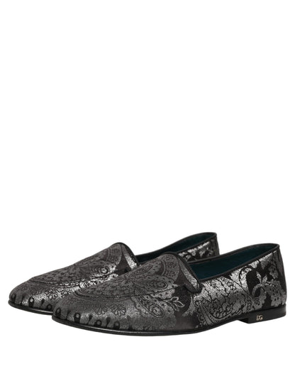 Dolce & Gabbana Silver Jacquard Leather Slip-On Loafers