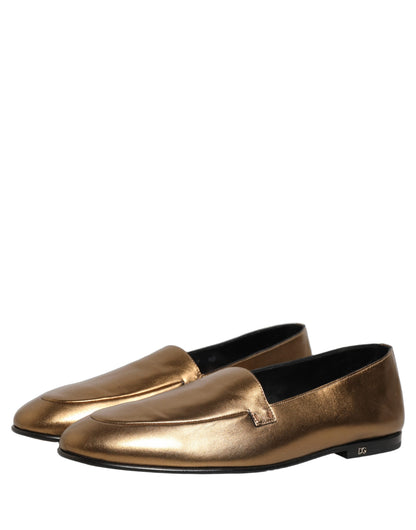 Dolce & Gabbana Gold Leather DG Logo Slip On Men Loafers