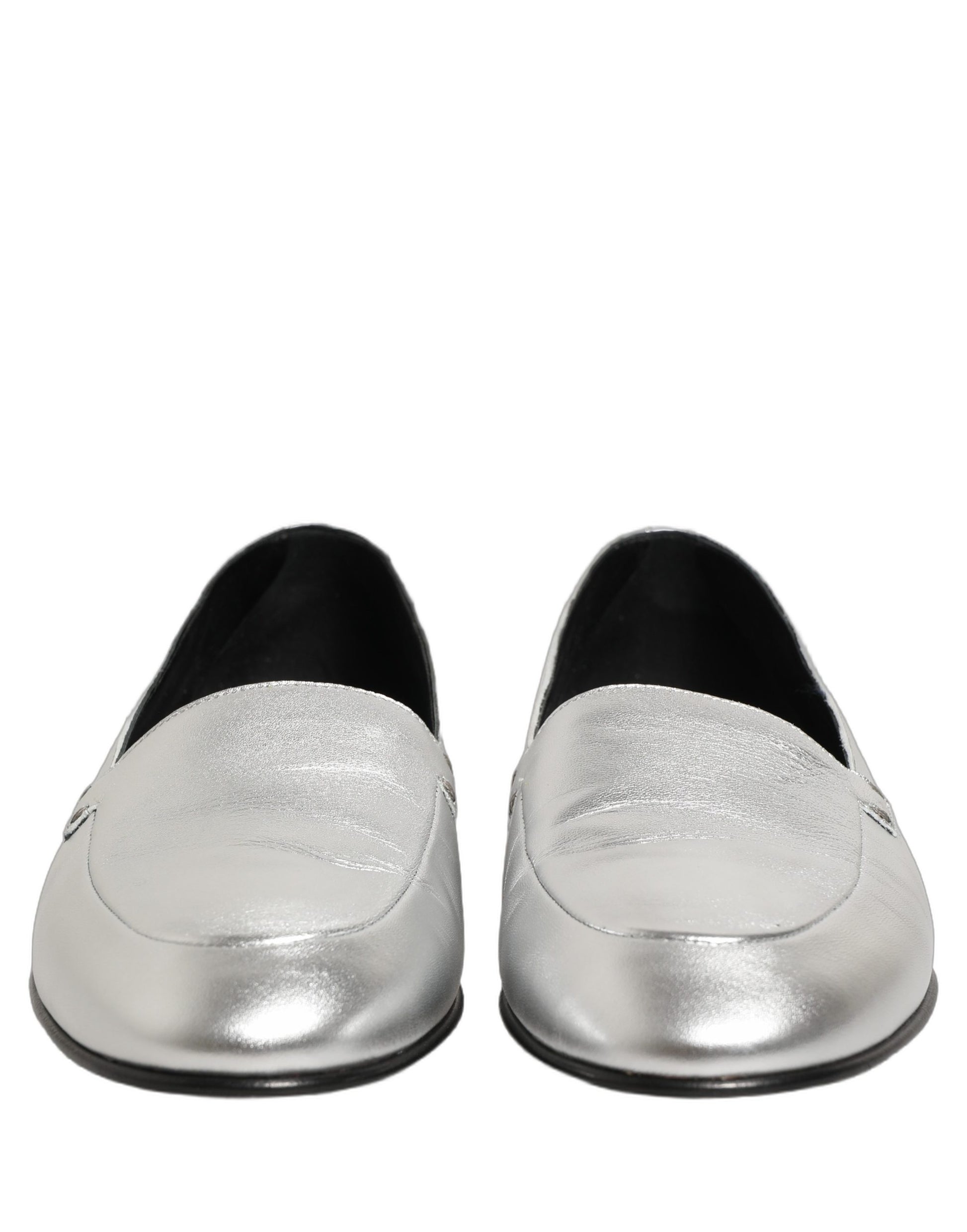 Dolce & Gabbana Silver Leather DG Logo Slip On Loafers