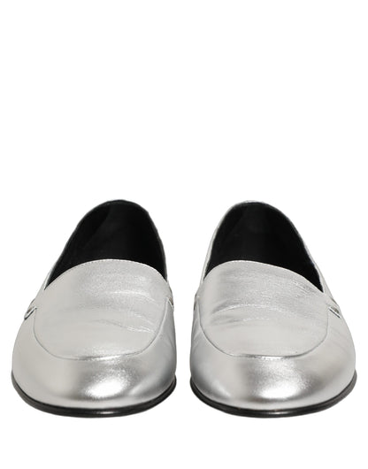 Dolce & Gabbana Silver Leather DG Logo Slip On Loafers