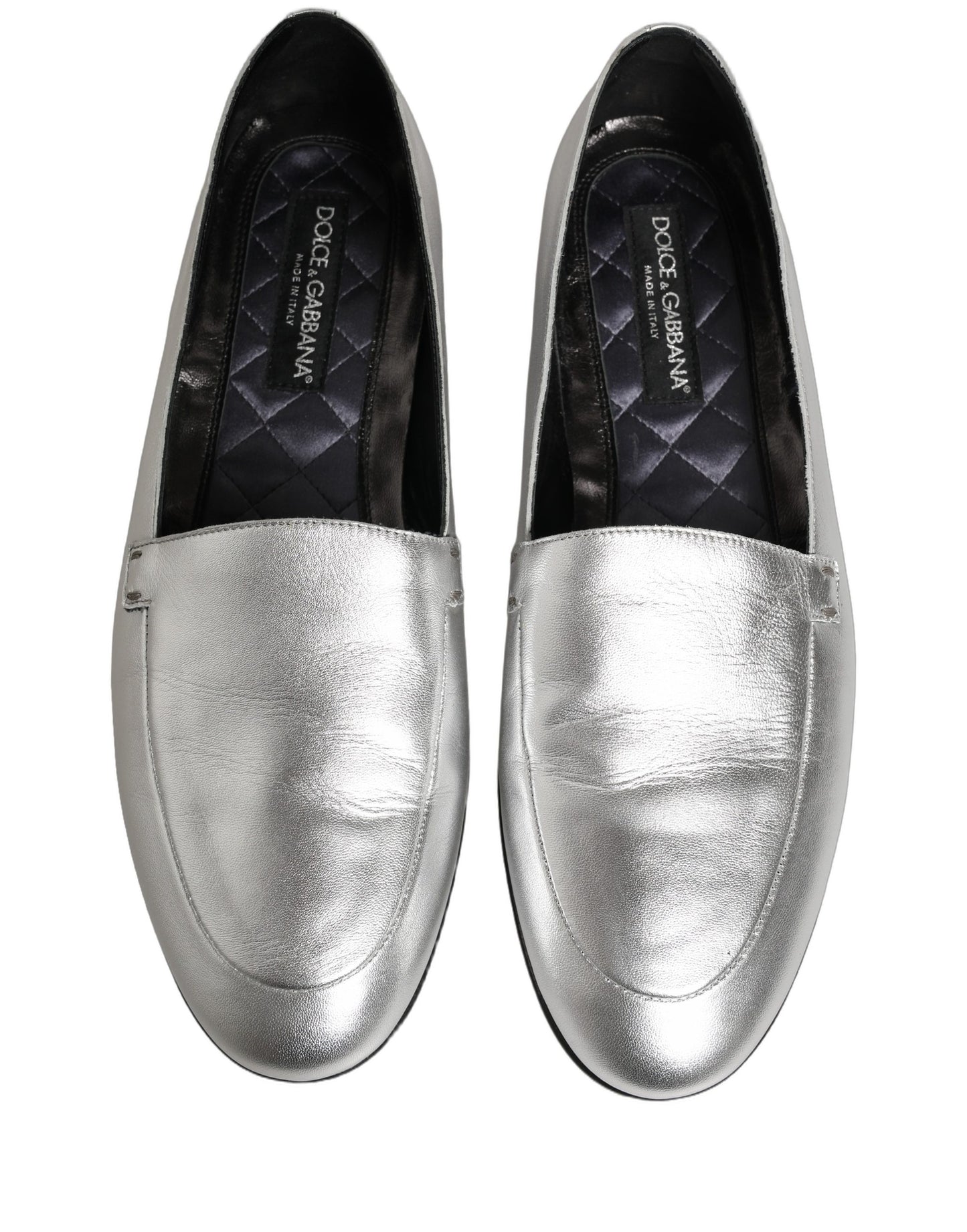 Dolce & Gabbana Silver Leather DG Logo Slip On Loafers