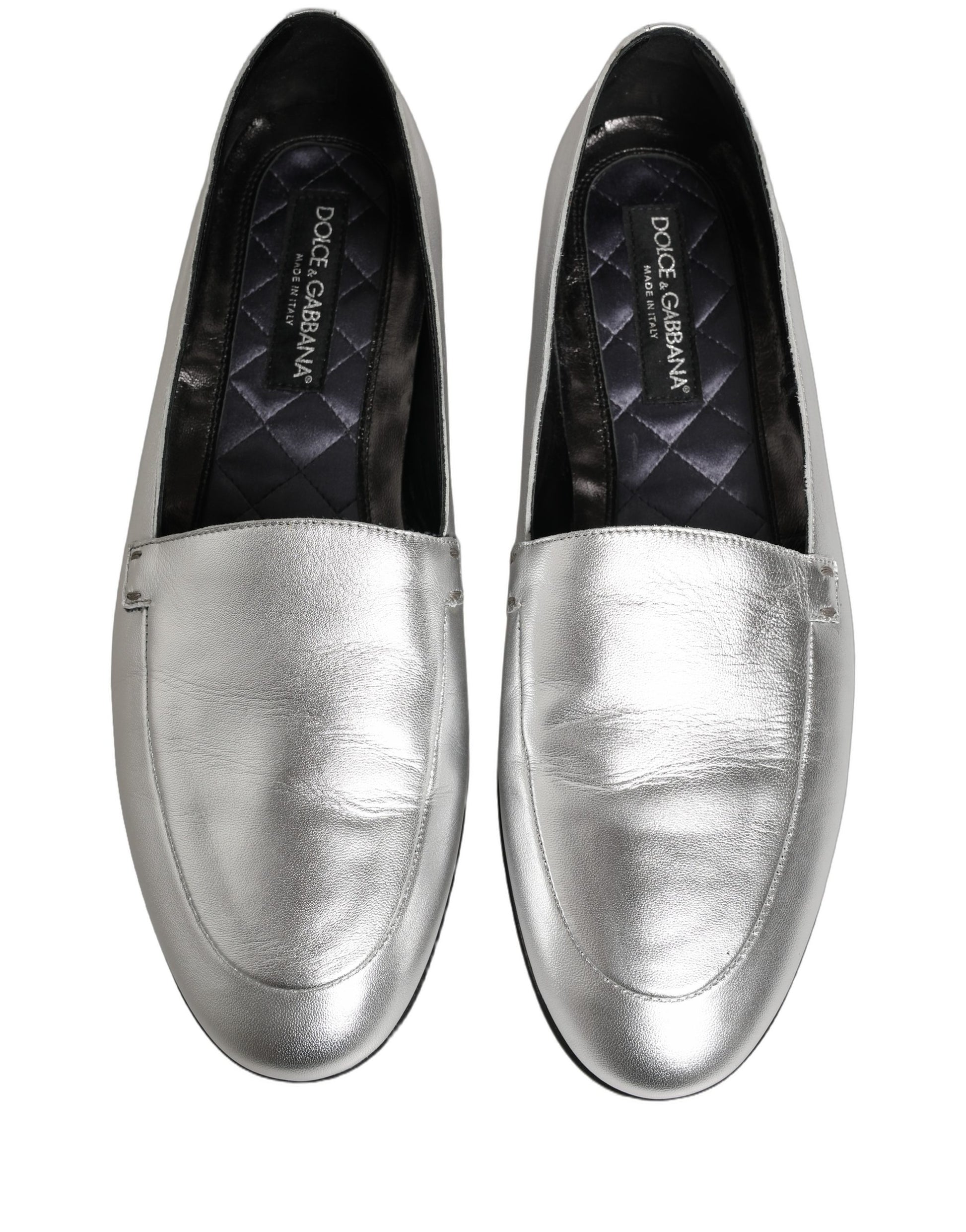 Dolce & Gabbana Silver Leather DG Logo Slip On Loafers