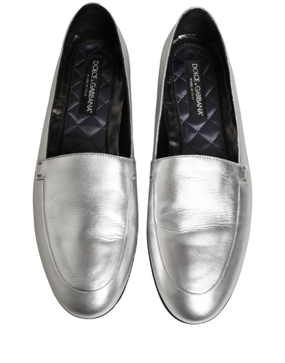 Dolce & Gabbana Silver Leather DG Logo Slip On Loafers